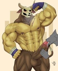 anatake anthro balls bara boner erection flexing horns licking_penis male male_only minotaur minotaur_(the_legend_of_pipi) muscles muscular nude penis skull_head the_legend_of_pipi wolfblack2543