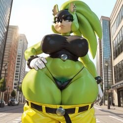 ai_generated black_panties black_shirt female green_pubic_hair hand_on_hip large_breasts pants_down pubes pubic_hair surge_the_tenrec thick_thighs wide_hips yellow_pants