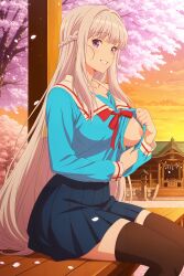 digitalwaifugallery ai_generated patreon seductive sexy uncensored watermark hi_res high_quality high_resolution long_hair cherry_blossoms thighhighs breasts 1girl purple_eyes school_uniform sitting smile petals solo skirt braid very_long_hair ribbon tree white_sailor_collar black_legwear pleated_skirt looking_at_viewer serafuku zettai_ryouiki blue_shirt sailor_collar