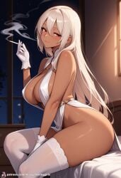 ai_generated arcana_heart big_breasts blowing_smoke braless cigarette cigarette_in_hand cigarette_smoke large_breasts long_hair parace_l'sia seductive seductive_eyes seductive_look seductive_mouth sexy sexy_pose smoke_from_mouth smoking smoking_cigarette smoking_fetish solo_female stockings thin_dress white_stockings