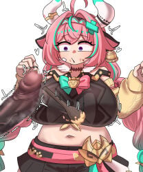 1boy 1girls breasts cock_shock cow_ears cowbell dark-skinned_male detached_sleeves female genshin_impact horns joeneko26 large_breasts looking_at_penis male mosaic_censoring multicolored_hair navel open_mouth penis penis_awe simple_background skirt spoon twitching_penis two-tone_hair varesa_(genshin_impact) white_background