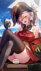 big_breasts detailed_background drink hat hololive hololive_japan holox houshou_marine_(cosplay) kakage large_breasts neckwear pirate pirate_hat takane_lui thick_thighs virtual_youtuber yellow_eyes