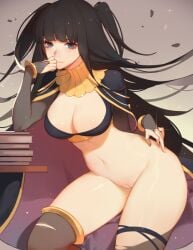 black_bra black_eyes black_hair blunt_bangs book book_stack cape cleavage detached_collar fire_emblem fire_emblem_awakening gold kyomon large_breasts long_hair pantyhose pussy smile tharja_(fire_emblem) thigh_strap tiara torn_clothes torn_pantyhose twintails wide_hips