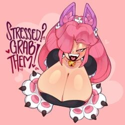 1girls bell_collar belly black_leotard blush blush_lines blushing brawl_stars breast_focus cat_ears cleavage colette_(brawl_stars) endorx eyebrows_visible_through_hair eyelashes fangs female female_only glint half-closed_eyes heart-shaped_pupils heart_symbol holding_breast holding_own_breasts huge_breasts leotard long_hair looking_at_viewer maid paw_gloves pink_background pink_eyebrows pink_eyes pink_hair pinku_pawlette puffy_sleeves talking_to_viewer top_view