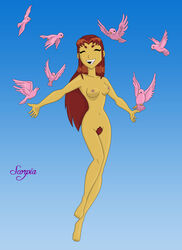 1girls alien alien_girl alien_humanoid birds breasts cartoon_network completely_nude completely_nude_female dc_comics female female_only flying happy koriand'r nude nude_female nudity orange_skin pubic pubic_hair red_hair red_pubic_hair redhead scorpia smile starfire superheroine tamaranean teen_titans