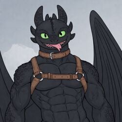 abs anthro athletic athletic_anthro athletic_male biceps black_body collar dragon fury_(httyd) green_eyes how_to_train_your_dragon lizard looking_at_viewer male muscular muscular_anthro muscular_arms muscular_male mythological_creature mythological_scalie mythology night_fury nude open_mouth pecs reptile scalie smile solo standing teeth tongue tongue_out toothless triceps veiny_biceps veiny_muscles western_dragon wings