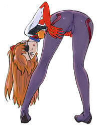 anus ass asuka_langley_sohryu bent_over blue_eyes cameltoe clothed_masturbation clothing eye_patch female fingering from_behind legs long_hair looking_back marmelo masturbation neon_genesis_evangelion orange_hair plugsuit rebuild_of_evangelion simple_background small_breasts solo standing white_background