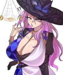 1girls 1other animal_ears arm_under_breasts black_bra bra bra_peek breasts cleavage coin coin_on_string dress female hat honkai:_star_rail hypnosis jade_(honkai:_star_rail) jewelry joeneko26 large_breasts long_hair multicolored_dress open_mouth pink_hair purple_nails shiny_skin simple_background sun_hat two-tone_dress white_background