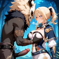 1girls 1monster ai_generated anthro blonde_hair breasts dark-skinned_male duo female genshin_impact hilichurls_(species) jean_gunnhildr male monster_on_female penis tagme