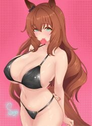 1girl aqua_eyes artist_name black_bikini brown_hair cleavage condom condom_wrapper horse_ears horse_girl large_breasts long_hair looking_at_viewer maruzensky_(umamusume) navel sideboob solo stomach sugoarts1080 thighs umamusume umamusume_pretty_derby