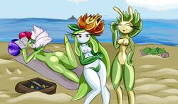 3girls anthro ass beach breasts color exposed_breasts female female_only green_skin interspecies leavanny lilligant maractus multiple_girls multitaskerhege nipples nudity outdoors pink_nipples pokemon pokemon_(species) roserade unknown_gender vulva white_skin