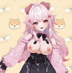 anime_style areolae bare_breasts bare_shoulders black_bow black_skirt blush bow cleavage cum cum_drip cum_in_hair cum_on_body cum_on_breasts cum_on_clothes cum_on_face cum_on_upper_body cumshot detached_sleeves dog_ears dog_girl edit edited female flashing flashing_breasts huge_breasts kemonomimi large_breasts long_hair looking_at_viewer nipples off_shoulder open_mouth pawko pink_eyes pink_hair pink_nipples puffy_sleeves sharp_teeth skirt smiling smiling_at_viewer solo upper_body virtual_youtuber vtuber