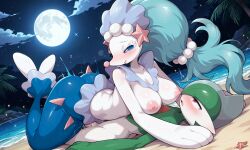 ai_generated ashirene beach beach_background beautiful_background big_breasts blue_eyes blue_hair blue_tail blush blushing_face boobs_out breasts breasts_out cowgirl_position erureido female female_on_top fin gallade hair_ornament horny_female light long_hair mermaid mermaid_tail moon moonlight night night_sky nintendo ocean orgasm orgasm_face palm_tree pearl_(gem) pearl_hair_ornament pink_nipples pink_nose pokemon pokemon_(species) primarina red_eyes sand seal sex siren star starfish thick_ass thick_hips vaginal_penetration vaginal_sex white_body