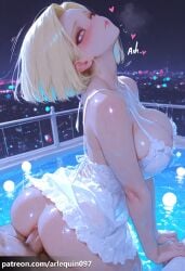 1boy ai_generated android_18 arlequin097 ass bare_shoulders blonde_hair blue_eyes blush breasts city_lights cityscape cleavage clothed_sex dragon_ball dragon_ball_z dress erection female heart heart-shaped_pupils large_breasts looking_at_viewer male_pubic_hair motion_lines night night_sky patreon_username penis pool pubic_hair railing sex sex_from_behind short_hair solo_focus straight symbol-shaped_pupils uncensored vaginal_penetration water wet white_dress