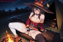ai_generated bandaged_leg bandages bare_shoulders belt black_legwear black_panties blush breasts brown_hair collar collarbone dress explosion female female_ejaculation female_only fingerless_gloves gloves hat heart hi_res high_quality high_resolution kiraamane kono_subarashii_sekai_ni_shukufuku_wo! masturbation megumin nipples open_mouth panties patreon patreon_username pussy red_dress red_eyes seductive sexy short_hair single_thighhigh sitting small_breasts solo spread_legs thighhighs tongue tongue_out trembling uncensored underwear watermark web_address witch_hat