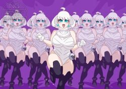 kamen_rider kamen_rider_zeztz_(series) tokusatsu otokam1117 white_hair blue_eyes leotard thighs socks long_socks gloves multiple_girls clones tagme