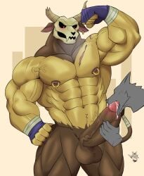 anatake anthro balls bara blowjob boner erection flexing horns male male_only minotaur minotaur_(the_legend_of_pipi) muscles muscular nude oral penis skull_head the_legend_of_pipi wolfblack2543