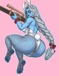 1girl 1girls blue_skin braid braided_hair braids bunny_ears bunny_suit bunnysuit color colored deadlock female female_focus female_only fishnets ghost ghost_girl gun makeup mascara playboy_bunny runny_makeup runny_mascara sniper_rifle solo solo_female strawberryblood suggestive valve vindicta_(deadlock) white_hair