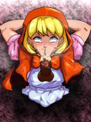 1girls ahe_gao armpit_showing arms_behind_back baby_bonnie_hood blonde_hair blowjob blowjob_face bulleta capcom cum cum_in_mouth darkstalkers eyes_rolling_back facing_viewer oppaotintin oral oral_creampie oral_penetration oral_sex red_hood stuck_in_wall sweat textless vacuum_fellatio