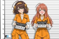 2girls absurdres asahina_mikuru blush breasts bright_pupils brown_eyes brown_hair card commentary english_commentary hairband height_chart height_mark highres holding holding_card holding_sign jacket jumpsuit lineup long_hair mugshot multiple_girls nameplate open_mouth orange_jacket orange_jumpsuit prison_clothes prisoner shirt short_hair sign suzumiya_haruhi suzumiya_haruhi_no_yuuutsu t-works thighs twitter_username white_shirt