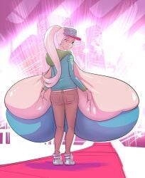 1girls art-act breasts breasts_bigger_than_body breasts_bigger_than_head breasts_bigger_than_torso cap colossal_breasts female female_focus female_only hat hips hyper hyper_breasts jacket jeans large_breasts pink_eyes ponytail sagging_breasts thighs white_hair