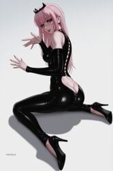 1girls adorable artist_signature big_ass black_heels bodysuit corset crown detached_sleeves dimples earrings eyebrows eyebrows_visible_through_hair eyelashes eyeshadow female female_only hands heels highres hololive hololive_english hot human human_female latex_bodysuit latex_clothing latex_sleeves latex_suit light-skinned_female long_hair medium_breasts mori_calliope nail_polish no_bra no_panties open_back piercing pink_eyes pink_hair pink_nails prixmal red_lipstick round_ass round_breasts round_butt sexy sexy_body sexy_female sexy_pose shadow shoulders simple_background sitting sitting_on_floor solo virtual_youtuber vtuber vtuberfanart