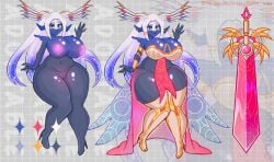 alternate_costume anthro anthro_female antlers armor big_breasts blue_skin cape cervid character_sheet curvy deer fantasy_armor female gem glowing glowing_markings horns hourglass_figure huge_breasts hyper_breasts knight large_hips legendary_pokemon long_hair magic nude pokemon pokemon_(species) reference_sheet solo sword thick_thighs two_versions weapon white_hair wide_hips xerneas zefir_vibe