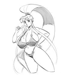 bikini blunt_bangs breasts cleavage eiken food funsexydragonball gigantic_breasts glassfish hand_on_own_hip highleg highleg_bikini highres holding holding_food holding_popsicle kirika_misono long_hair melting_popsicle navel o-ring o-ring_bikini o-ring_bottom o-ring_top open_mouth ponytail popsicle sidelocks sketch swimsuit thick_thighs thighs very_long_hair