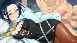 1boy blue_hair breasts brown_thighhighs censored choukou_(alicesoft) choukou_taisen_escalation_heroines female game_cg glasses handjob large_breasts lying necktie official_art on_side open_clothes open_shirt orion_(orionproject) pantyhose penis purple_eyes smile solo_focus thighhighs third-party_source touha_taiyo yellow_necktie