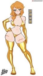 1girls alex_(minecraft) bikini bikini_bottom bikini_top blonde_hair female female_only gameplay_mechanics gold_(metal) gold_bikini gold_latex gold_thighhighs golden_bikini green_eyes hi_res latex leggings looking_at_viewer minecraft mrbready scar thighhighs