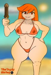 beach beach_background bikini bra female_only holding_object holding_popsicle human_meggy ice_cream meggy_spletzer orange-haired_female orange_bra orange_clothing orange_eyes orange_hair orange_thong popsicle smg4 smg4_art summer tagme thetastyshrimp thong thong_bikini
