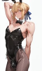 1boy ai_generated aidontknow androgynous arm_behind_back arm_behind_head black_leotard blonde_hair blush bowtie bulge bunny_ears bunny_tail bunnysuit fake_animal_ears fate_(series) femboy feminine_male fishnet_pantyhose flat_chest gay genderswap_(ftm) hair_bun hair_ornament looking_at_viewer mature muscular otoko_no_ko rule_63 saber sexy sexy_pose simple_background standing sweat toned trap white_background yaoi