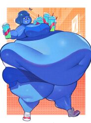 1girls aged_up ass_expansion belly_expansion big_ass big_belly big_breasts blue_hair blue_skin blueberry_inflation breast_expansion charlie_and_the_chocolate_factory chocolate_factory_(2005) crack_the_moon drinks expansion inflation navel slushee sports_bra sports_shorts sports_uniform sportswear violet_beauregarde