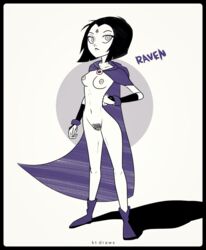 black_hair breasts dc dc_comics female forehead_jewel kt-draws looking_at_viewer naked_cape navel nipples nude pale_skin pubic_hair rachel_roth raven_(dc) short_hair solo standing straight_hair teen_titans