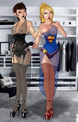 blonde_hair brown_hair corset dc earrings female female_only high_heels hoop_earrings mercy_graves platform_heels revealing_clothes skottichan stockings supergirl tagme