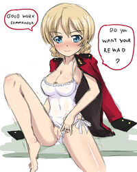 1girls after_sex bare_legs bare_thighs blonde_hair blue_eyes blushing blushing_at_viewer braid cleavage cum cum_drip cum_in_pussy cum_inside cyber_(cyber_knight) darjeeling english_text eyebrows_visible_through_hair female_focus female_only girls_und_panzer large_breasts looking_at_viewer nipples_visible_through_clothing pussy red_jacket shiny_skin simple_background sitting smile smiling_at_viewer solo solo_focus text_bubble thighs toes trembling