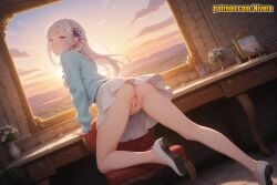 1girl ai_generated anus ass bare_legs between_legs blue_shirt blush braid breasts cardigan chair closed_mouth cloud crown_braid dutch_angle elf emilia_(re:zero) flower from_behind full_body hair_flower hair_ornament hair_ribbon hand_between_legs high_heels indoors legs long_hair long_sleeves looking_at_viewer looking_back masturbation medium_breasts miniskirt mosaic_censoring multiple_girls nivora no_panties painting_(object) patreon photo_(object) picture_frame pleated_skirt pointy_ears purple_eyes purple_ribbon pussy re:zero_kara_hajimeru_isekai_seikatsu ribbon rose school_uniform shoe_soles shoes silver_hair skirt solo solo_focus spread_pussy sunset thighs uncensored upskirt vase white_flower white_footwear white_hair white_rose white_skirt x_hair_ornament