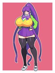 absurdres adnyc amazon blunt_bangs bow breasts bulging_breasts cel_shading cel_shading_(retro) clothed clothed_female clothing collared_shirt commission curvy eiken female footwear front_view full_body gigantic_breasts green_sweater hand_on_hip hands_on_hips hands_on_own_hips high_ponytail highleg_skirt highres huge_breasts kirika_misono legs light-skinned_female light_skin long_hair long_legs long_ponytail looking_at_viewer non-euclidean_border outline pink_background pleated_skirt png ponytail purple_eyes purple_hair purple_ribbon purple_skirt ribbon safe_for_work school_uniform shiny_thighs sidelocks simple_background skindentation skirt smile solo standing sweater sweater_vest tall_female thick_lines thick_outline thick_thighs thighhighs thighs very_long_hair very_long_ponytail vest white_footwear white_outline white_shirt wide_hips yellow_vest zettai_ryouiki