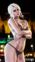 3d bra breasts cd_projekt_red choker ciri cute earrings female ggadams green_eyes honey_select light-skinned_female light_skin lingerie mascara necklace panties scar solo solo_female tattoo the_witcher_(series) the_witcher_3:_wild_hunt underwear white_hair wide_hips