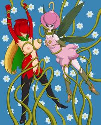 2girls 4_wings breasts digimon fairy fairy_wings leaf leaf_wings leaves lillymon multiple_girls plant plant_girl rosemon tagme tentacle vine_hair vines wings