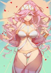 braid braided_bangs cleavage dancer detached_sleeves fire_emblem fire_emblem_awakening gold gold_choker gold_trim hair_over_one_eye hairband kyomon large_breasts long_hair navel olivia_(fire_emblem) panties petals pink_eyes pink_hair ponytail sheer_clothes smile thighhighs thighs white_bra white_panties white_thighhighs wide_hips