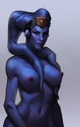 belly_button blazingifrit blue_skin breasts female female_only lekku nipples simple_background solo star_wars twi'lek