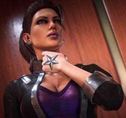 shogunxdd saints_row_the_third saints_row shaundi filtered cropped high_resolution absurd_resolution 3d_(artwork) 3d 1girls mature_woman huge_breasts cleavage pink_lipstick hand_tattoo collarbone brown_hair_female assertive_female earrings expressionless
