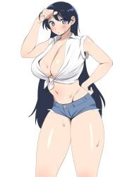 arato_nagi blush cleavage hand_on_hip huge_breasts midriff navel ruri_no_houseki short_shorts sweat sweaty white_shirt wiping_sweat