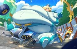 3girls alternate_body_type artist_name artist_signature bbw blonde_hair blue_eyes blush brown_hair crown fat fat_arms fat_fetish gigantic_ass gigantic_belly gigantic_breasts gigantic_thighs hair_over_one_eye hyper_fat jeetdoh kart long_hair mario_(series) mario_kart mario_kart_wii morbidly_obese motorcycle nintendo obese p-balloon ponytail princess_daisy princess_daisy_(aero) princess_peach princess_peach_(aero) princess_rosalina princess_rosalina_(aero) racetrack racing racing_suit skintight ssbbw sweat vehicle_destruction weight_gain