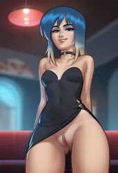 1girls 2d ai_generated blue_eyes blue_hair breasts civitai cleavage digital_drawing_(artwork) dress eve_(summertime_saga) female female_focus female_only light-skinned_female light_skin nipples nipples_visible_through_clothing no_panties no_panties_under_dress no_underwear pussy pussy_lips shaved_crotch shaved_pussy small_breasts summertime_saga teenage_girl teenager toberbog two_tone_hair