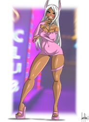 big_breasts boku_no_hero_academia dark-skinned_female dark_skin dilane93 high_heels legwear mini_dress mirko my_hero_academia night open_toe_shoes party_dress rabbit_ears rumi_usagiyama sexy_body smiling_at_viewer thick thick_legs thick_thighs tight_clothing usagiyama_rumi wedge_heels white_hair