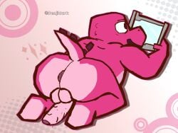 2026 anthro anus backsack balls biped butt dinosaur erection gameoverse genitals glitch_productions gobbles_(gameoverse) hi_res humanoid_genitalia humanoid_penis male male_only penis pink_body prehistoric_species renjidarkmimus reptile scalie slightly_chubby solo tablet_computer tail