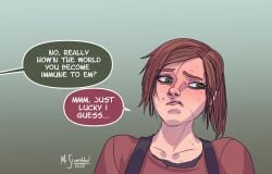 blush brown_hair ellie_(the_last_of_us) ellie_williams embarrassed embarrassed_expression green_eyes light-skinned_female light_skin looking_away looking_down mrscrambled red_blouse red_shirt remembering sweat talking talking_to_another text the_last_of_us white_body