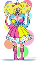 1girls 2025 artist_name ass atomickingboo big_ass big_breasts blush blush_stickers blushing_at_viewer blushing_female boots bow bow_in_hair bows bows_in_hair breasts checkered_clothes clothed clothed_female clothing clown clown_costume clown_girl clown_makeup clown_nose double_peace_sign english english_text facepaint female female_focus female_only fully_clothed fully_clothed_female hairpin light-skinned_female light_skin multicolored_clothing oc original original_character party_hat peace_sign solo solo_female solo_focus text the_besties_(atomickingboo) thick_thighs thighs wendy_wendy